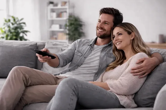Two viewers on a sofa, one of them holding the remote