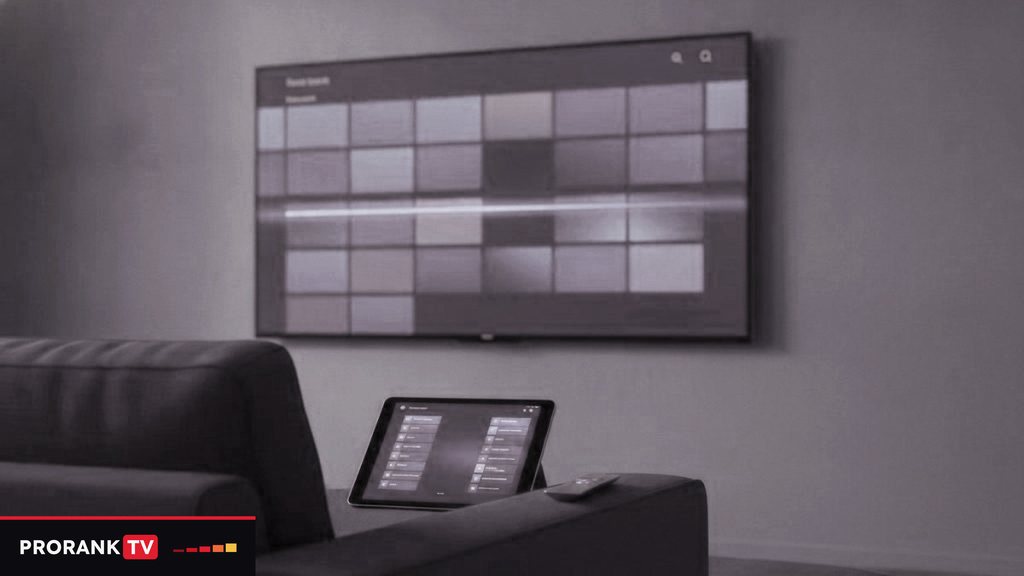 Cover for “Best IPTV apps for language practice: a player guide by screen and feature”: a wall television showing a program guide grid, with a tablet open on the arm of the sofa
