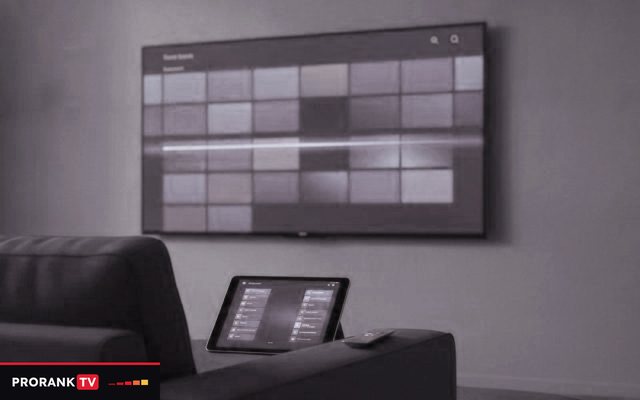 Cover for “Best IPTV apps for language practice: a player guide by screen and feature”: a wall television showing a program guide grid, with a tablet open on the arm of the sofa