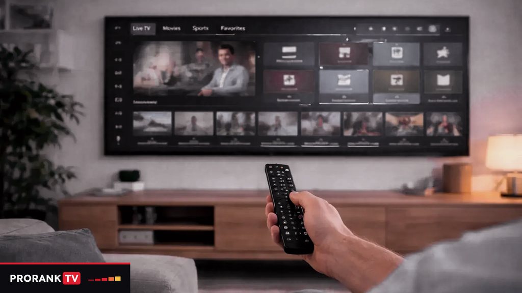 Cover for “IPTV vs cable TV: cost, languages, reliability and what changes when you switch”: a hand holding a remote in front of a wall television showing a channel guide above a wooden console