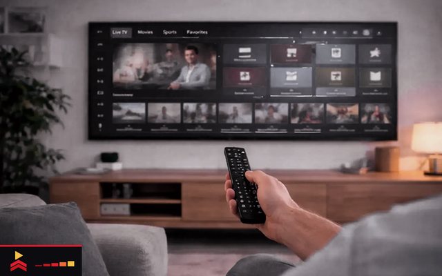 Cover for “IPTV vs cable TV: cost, languages, reliability and what changes when you switch”: a hand holding a remote in front of a wall television showing a channel guide above a wooden console