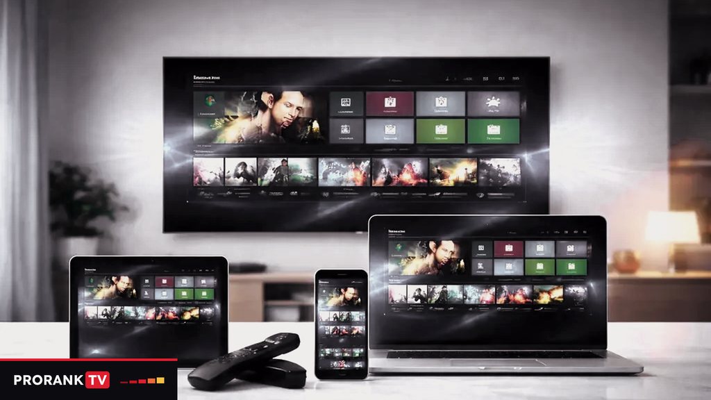 Cover for “IPTV vs OTT streaming: live channels, on-demand titles and listening practice”: a television, a laptop, a tablet and a phone showing the same channel guide, with two streaming sticks in front