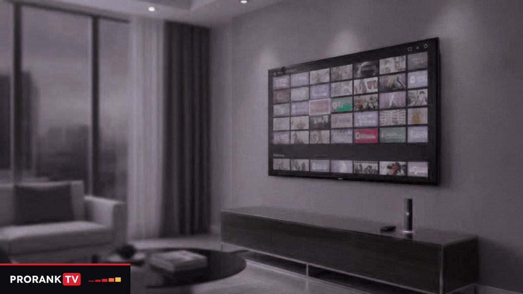 Cover for “What is IPTV? Live TV over the internet, from login to listening practice”: a living room at dusk with a wall television showing a grid of channels above a low console