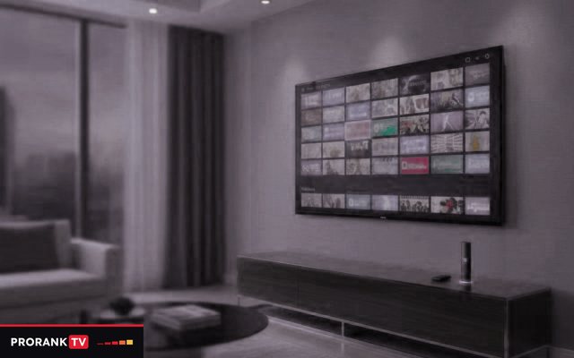 Cover for “What is IPTV? Live TV over the internet, from login to listening practice”: a living room at dusk with a wall television showing a grid of channels above a low console